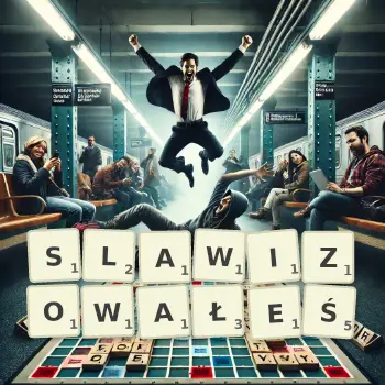 Kreatywna ilustracja do gry w Scrabble ze słowem SLAWIZOWAŁEŚ ułożonym z płytek na planszy.