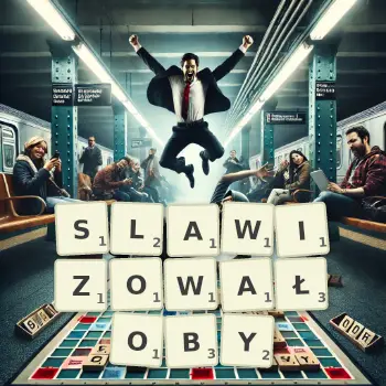 Kreatywna ilustracja do gry w Scrabble ze słowem SLAWIZOWAŁOBY ułożonym z płytek na planszy.