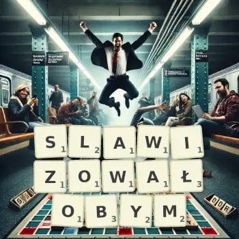 Kreatywna ilustracja do gry w Scrabble ze słowem SLAWIZOWAŁOBYM ułożonym z płytek na planszy.