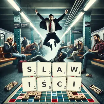 Kreatywna ilustracja do gry w Scrabble ze słowem SLAWIŚCI ułożonym z płytek na planszy.