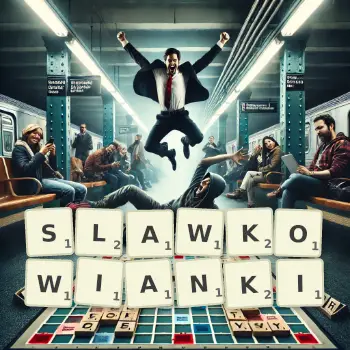 Kreatywna ilustracja do gry w Scrabble ze słowem SLAWKOWIANKI ułożonym z płytek na planszy.