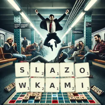 Kreatywna ilustracja do gry w Scrabble ze słowem SLAZOWKAMI ułożonym z płytek na planszy.