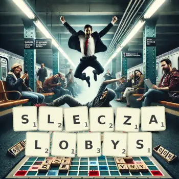 Kreatywna ilustracja do gry w Scrabble ze słowem SLECZALOBYS ułożonym z płytek na planszy.