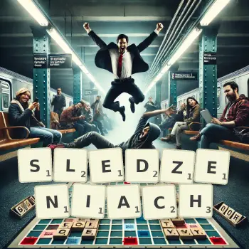 Kreatywna ilustracja do gry w Scrabble ze słowem SLEDZENIACH ułożonym z płytek na planszy.