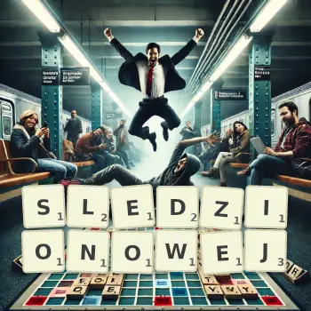 Kreatywna ilustracja do gry w Scrabble ze słowem SLEDZIONOWEJ ułożonym z płytek na planszy.