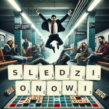 Kreatywna ilustracja do gry w Scrabble ze słowem SLEDZIONOWI ułożonym z płytek na planszy.