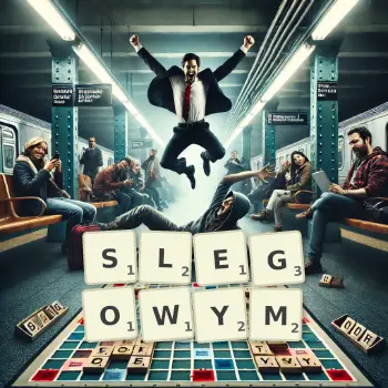 Kreatywna ilustracja do gry w Scrabble ze słowem SLEGOWYM ułożonym z płytek na planszy.