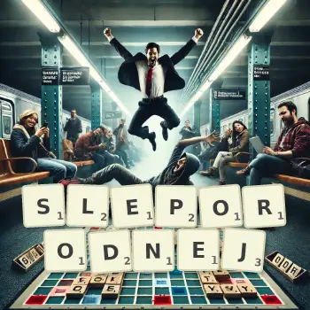 Kreatywna ilustracja do gry w Scrabble ze słowem SLEPORODNEJ ułożonym z płytek na planszy.