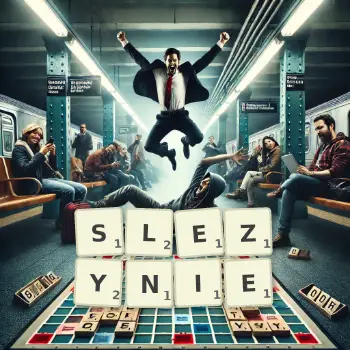 Kreatywna ilustracja do gry w Scrabble ze słowem SLEZYNIE ułożonym z płytek na planszy.