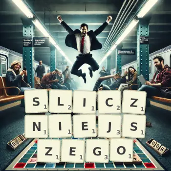 Kreatywna ilustracja do gry w Scrabble ze słowem SLICZNIEJSZEGO ułożonym z płytek na planszy.
