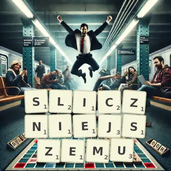 Kreatywna ilustracja do gry w Scrabble ze słowem SLICZNIEJSZEMU ułożonym z płytek na planszy.