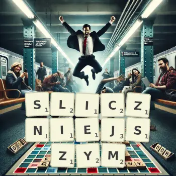 Kreatywna ilustracja do gry w Scrabble ze słowem SLICZNIEJSZYM ułożonym z płytek na planszy.