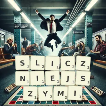 Kreatywna ilustracja do gry w Scrabble ze słowem SLICZNIEJSZYMI ułożonym z płytek na planszy.