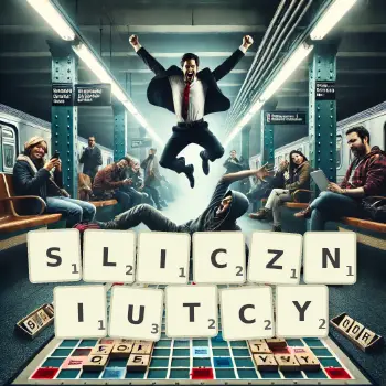 Kreatywna ilustracja do gry w Scrabble ze słowem SLICZNIUTCY ułożonym z płytek na planszy.