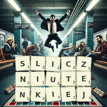 Kreatywna ilustracja do gry w Scrabble ze słowem SLICZNIUTENKIEJ ułożonym z płytek na planszy.