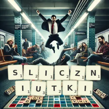 Kreatywna ilustracja do gry w Scrabble ze słowem SLICZNIUTKI ułożonym z płytek na planszy.