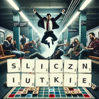 Kreatywna ilustracja do gry w Scrabble ze słowem SLICZNIUTKIE ułożonym z płytek na planszy.