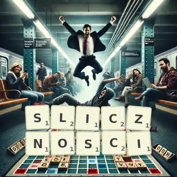 Kreatywna ilustracja do gry w Scrabble ze słowem SLICZNOSCI ułożonym z płytek na planszy.