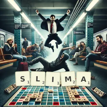 Kreatywna ilustracja do gry w Scrabble ze słowem SLIMA ułożonym z płytek na planszy.