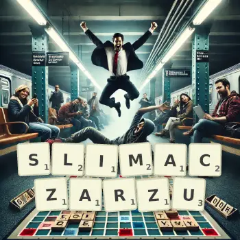 Kreatywna ilustracja do gry w Scrabble ze słowem SLIMACZARZU ułożonym z płytek na planszy.