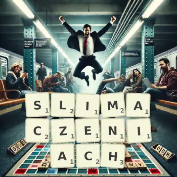 Kreatywna ilustracja do gry w Scrabble ze słowem SLIMACZENIACH ułożonym z płytek na planszy.
