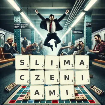 Kreatywna ilustracja do gry w Scrabble ze słowem SLIMACZENIAMI ułożonym z płytek na planszy.