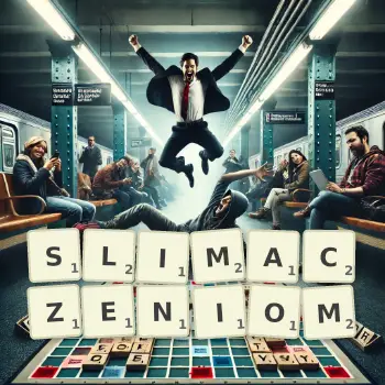 Kreatywna ilustracja do gry w Scrabble ze słowem SLIMACZENIOM ułożonym z płytek na planszy.