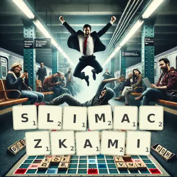Kreatywna ilustracja do gry w Scrabble ze słowem SLIMACZKAMI ułożonym z płytek na planszy.