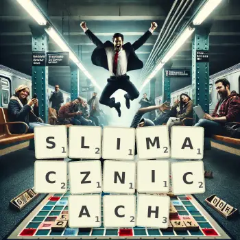 Kreatywna ilustracja do gry w Scrabble ze słowem SLIMACZNICACH ułożonym z płytek na planszy.