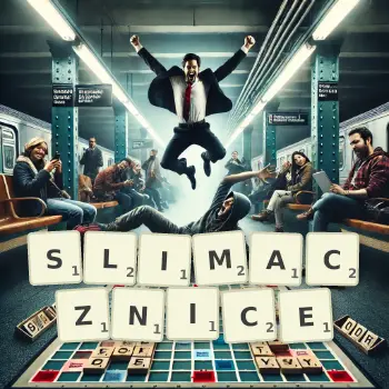 Kreatywna ilustracja do gry w Scrabble ze słowem SLIMACZNICE ułożonym z płytek na planszy.