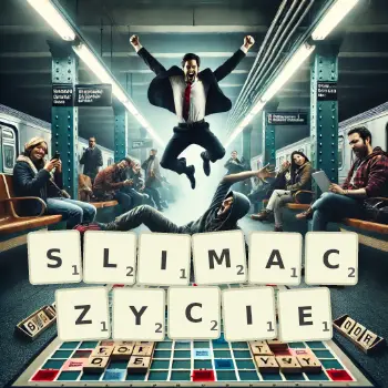 Kreatywna ilustracja do gry w Scrabble ze słowem SLIMACZYCIE ułożonym z płytek na planszy.