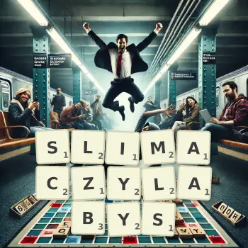 Kreatywna ilustracja do gry w Scrabble ze słowem SLIMACZYLABYS ułożonym z płytek na planszy.