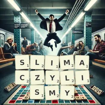 Kreatywna ilustracja do gry w Scrabble ze słowem SLIMACZYLISMY ułożonym z płytek na planszy.