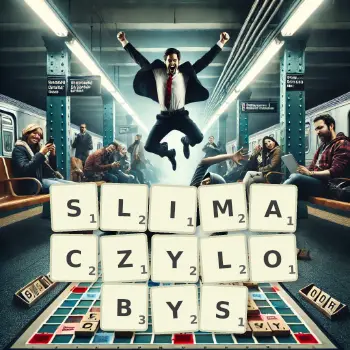 Kreatywna ilustracja do gry w Scrabble ze słowem SLIMACZYLOBYS ułożonym z płytek na planszy.
