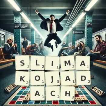 Kreatywna ilustracja do gry w Scrabble ze słowem SLIMAKOJADACH ułożonym z płytek na planszy.