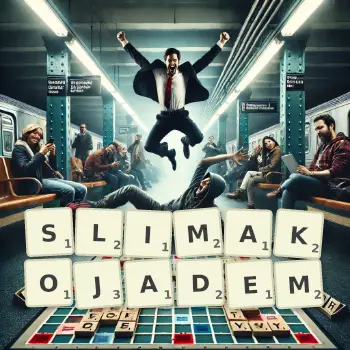 Kreatywna ilustracja do gry w Scrabble ze słowem SLIMAKOJADEM ułożonym z płytek na planszy.