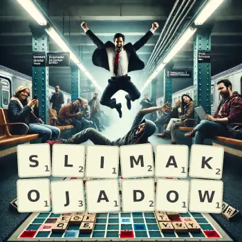 Kreatywna ilustracja do gry w Scrabble ze słowem SLIMAKOJADOW ułożonym z płytek na planszy.