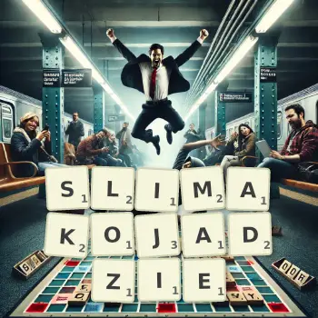 Kreatywna ilustracja do gry w Scrabble ze słowem SLIMAKOJADZIE ułożonym z płytek na planszy.