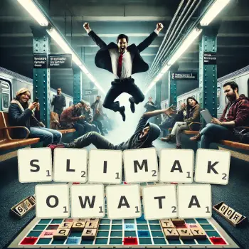 Kreatywna ilustracja do gry w Scrabble ze słowem SLIMAKOWATA ułożonym z płytek na planszy.