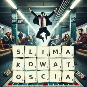 Kreatywna ilustracja do gry w Scrabble ze słowem SLIMAKOWATOSCIA ułożonym z płytek na planszy.