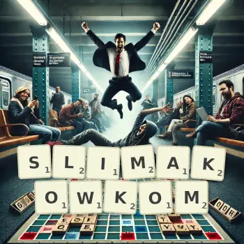 Kreatywna ilustracja do gry w Scrabble ze słowem SLIMAKOWKOM ułożonym z płytek na planszy.