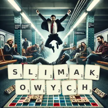 Kreatywna ilustracja do gry w Scrabble ze słowem SLIMAKOWYCH ułożonym z płytek na planszy.