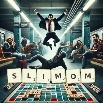 Kreatywna ilustracja do gry w Scrabble ze słowem SLIMOM ułożonym z płytek na planszy.