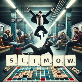 Kreatywna ilustracja do gry w Scrabble ze słowem SLIMÓW ułożonym z płytek na planszy.