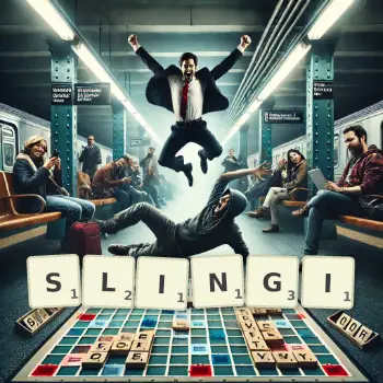 Kreatywna ilustracja do gry w Scrabble ze słowem SLINGI ułożonym z płytek na planszy.