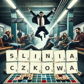Kreatywna ilustracja do gry w Scrabble ze słowem SLINIACZKOWA ułożonym z płytek na planszy.