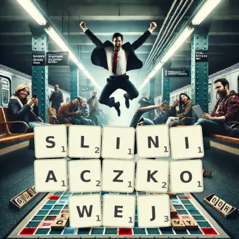 Kreatywna ilustracja do gry w Scrabble ze słowem SLINIACZKOWEJ ułożonym z płytek na planszy.