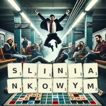 Kreatywna ilustracja do gry w Scrabble ze słowem SLINIANKOWYM ułożonym z płytek na planszy.
