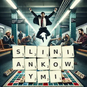 Kreatywna ilustracja do gry w Scrabble ze słowem SLINIANKOWYMI ułożonym z płytek na planszy.