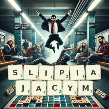 Kreatywna ilustracja do gry w Scrabble ze słowem SLIPIAJACYM ułożonym z płytek na planszy.